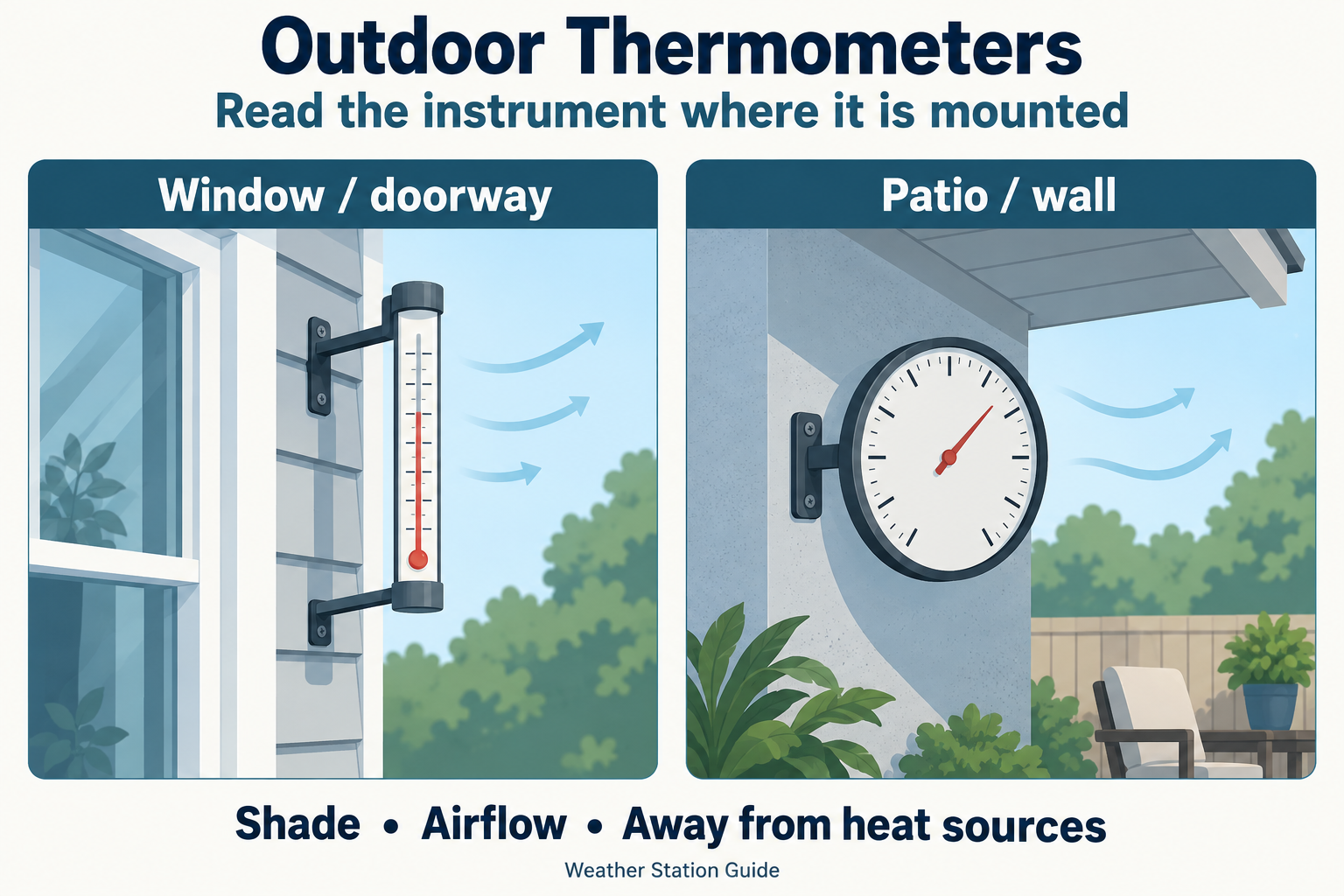 A bracket-mounted thermometer beside a window and a dial thermometer on a shaded patio wall, with arrows illustrating airflow.