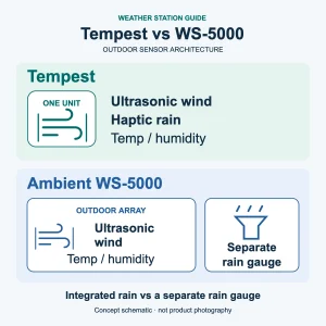 Tempest integrates ultrasonic wind, haptic rain and temperature/humidity in one outdoor unit; WS-5000 has an ultrasonic wind and temperature/humidity array plus a separate rain gauge.